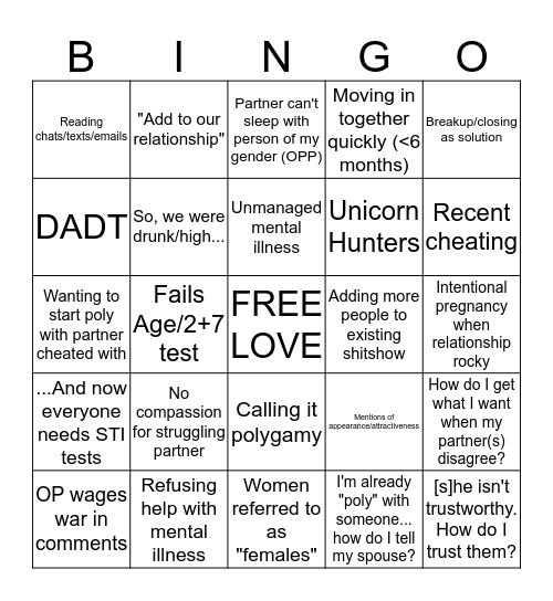 One Twue Poly Bingo Card