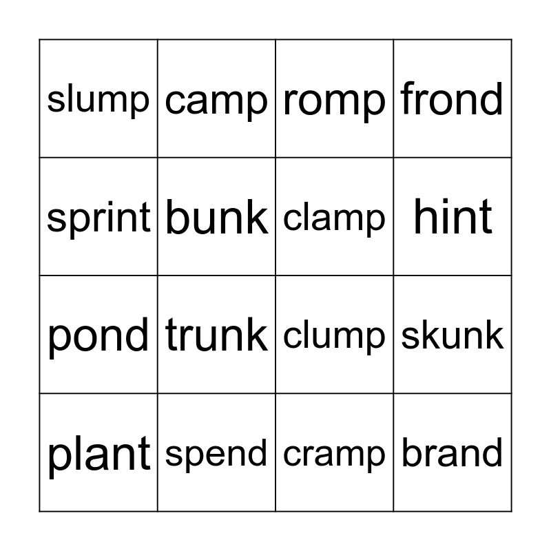 Final Nasal Blends Bingo Card