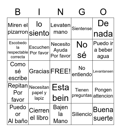 Frases útiles Bingo Card