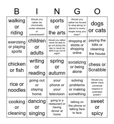 Preferences Bingo Card