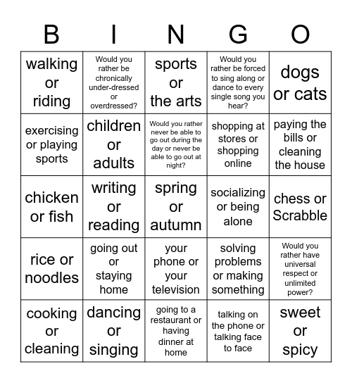 Preferences Bingo Card