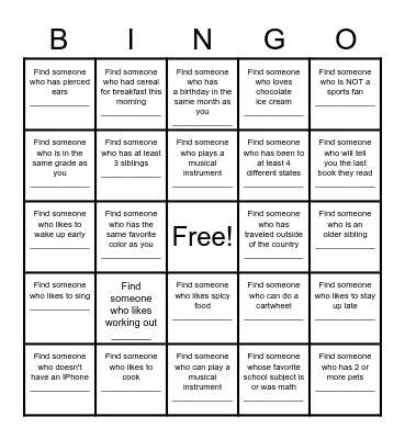 Find a Friend Bingo Card