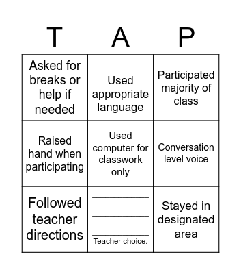 Behavior Goals Bingo Card