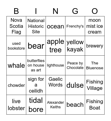 Nova Scotia Road Trip Bingo Card