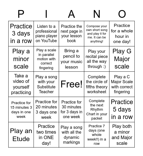 Piano Lesson Bingo! Bingo Card