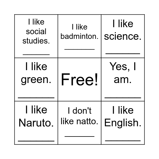 Do you~? Can you~? Are you~? What's your~? Bingo Card