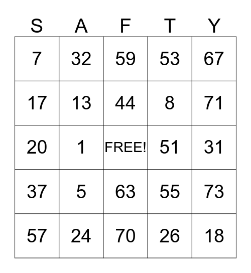 SAFETY BINGO Card