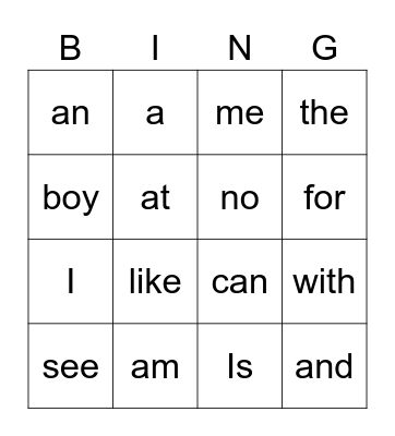 Sight Words Bingo Card