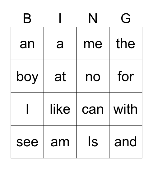 Sight Words Bingo Card