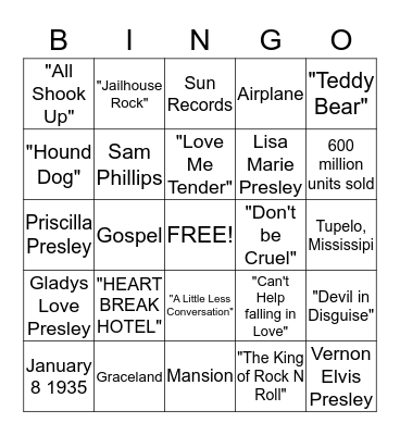 Elvis Presley Bingo Card