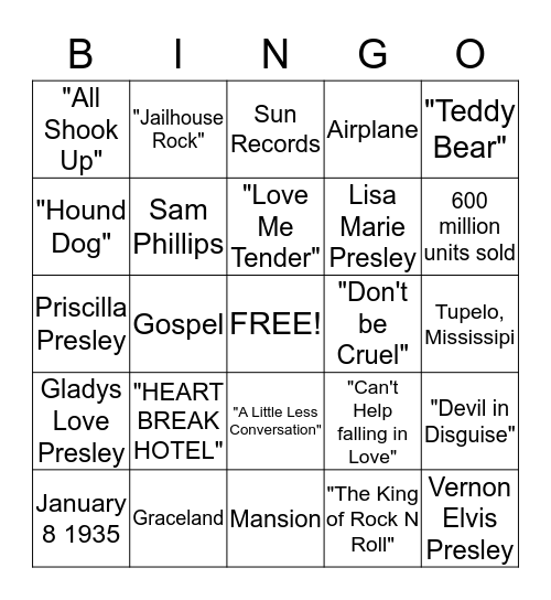 Elvis Presley Bingo Card