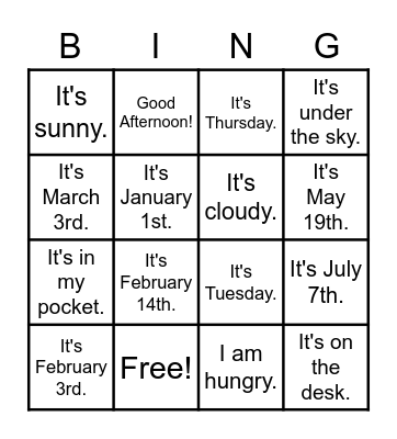 Please Come Here Bingo Card