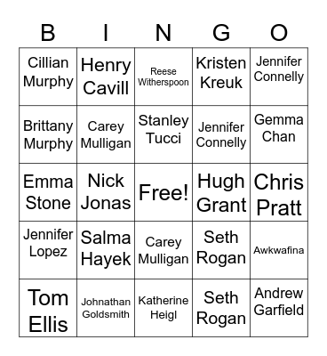 Celebrity Names Bingo Card