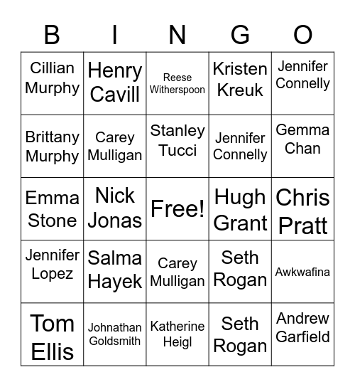 Celebrity Names Bingo Card