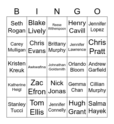 Celebrity Name Bingo Card