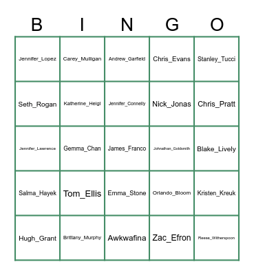 Celebrity Name Bingo Card