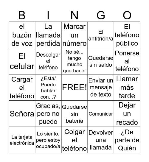 Spanish 3 Chapter 2 C Bingo Card