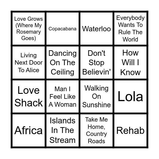 Karaoke Classics Bingo Card