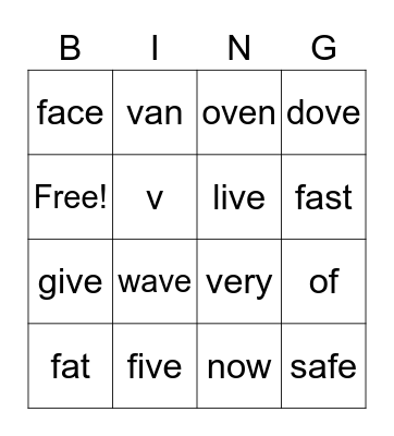f or v Bingo Card