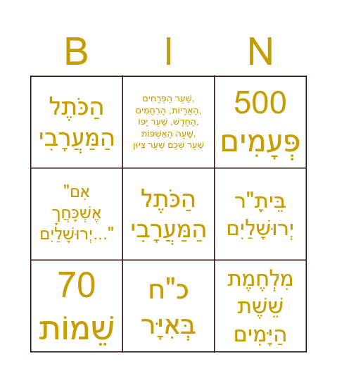 יום ירושלים Bingo Card