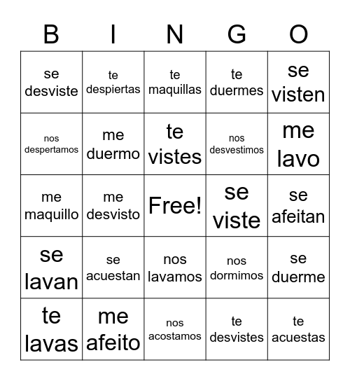 Los Verbos Reflexivos Bingo Card
