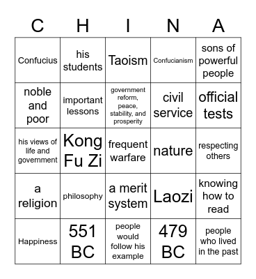 Confucius Bingo Card