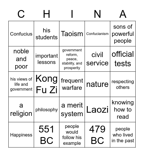 Confucius Bingo Card