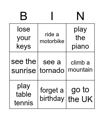 Present Perfect Bingo Card