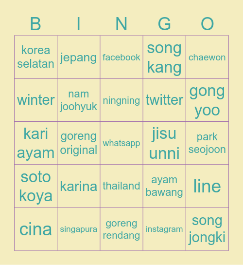 Bingo with Jisu Unni Bingo Card