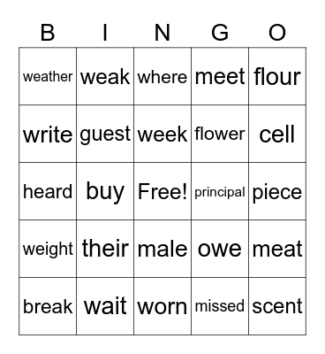 Homophones (Words that Sound Alike) Bingo Card