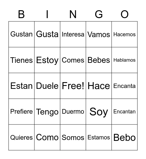 Verbs in Spanish Bingo Card