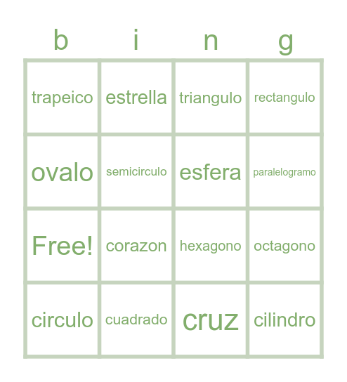 Spanish Shapes Bingo Card