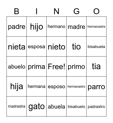 Spanish Family Bingo Card