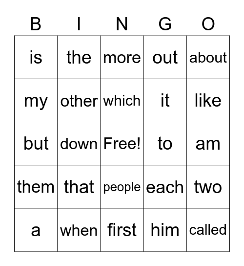 Sight Words 1.1 Bingo Card