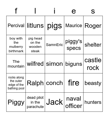 lord of the flies Bingo Card