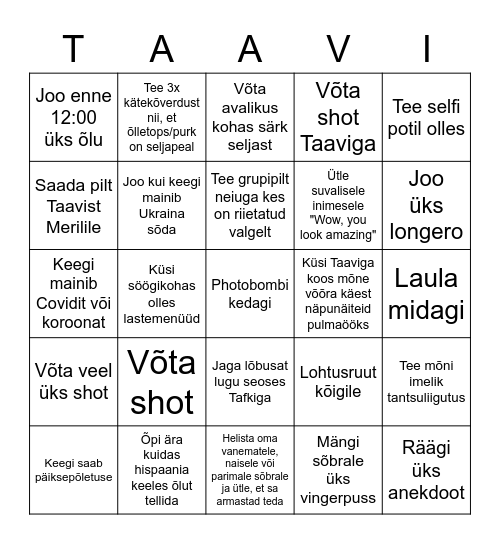 Tafki StagParty Bingo Card