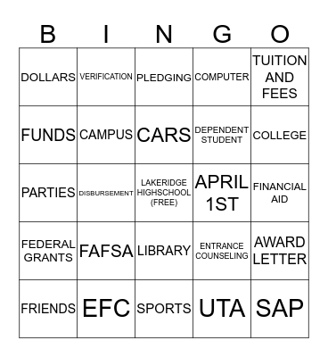 UTA FINANCIAL AID Bingo Card