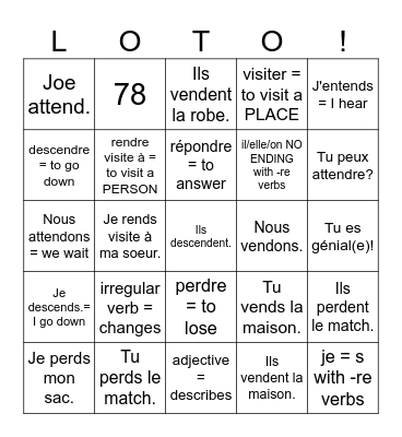 3rd verb group = French -RE verbs + irregular verbs Bingo Card