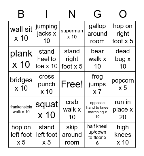 Exercise Bingo! Bingo Card