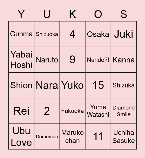 Yuko's Bingo Card