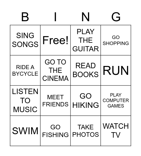 FREE TIME ACTIVITIES Bingo Card