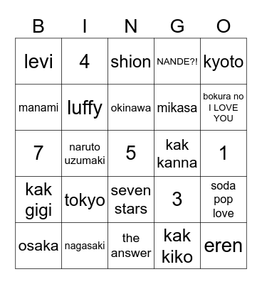 manami Bingo Card
