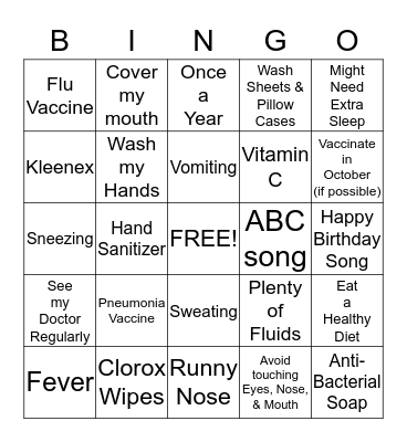 Cold vs. Flu & Hygiene too Bingo Card