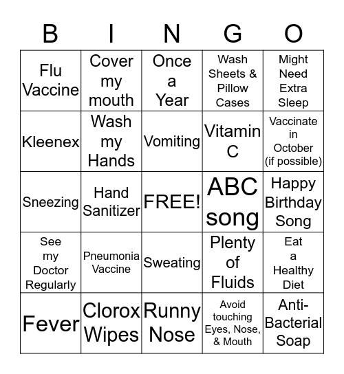 Cold vs. Flu & Hygiene too Bingo Card