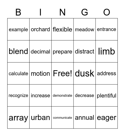 Vocabulary Bingo Card