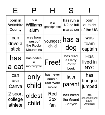 Williams Athletics Bingo Card