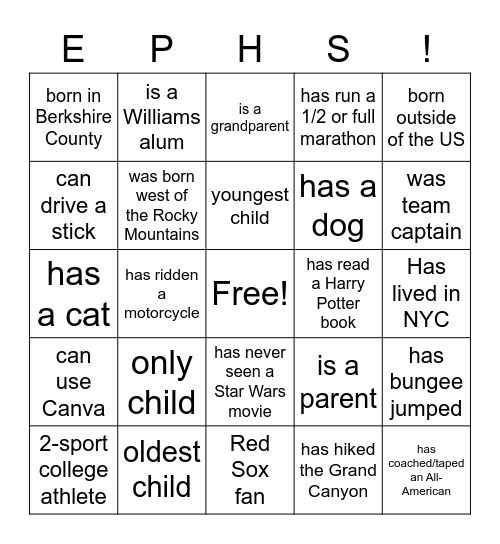 Williams Athletics Bingo Card