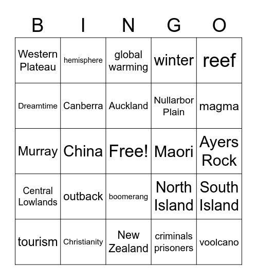 Ch. 24 Australia and NZ Bingo Card