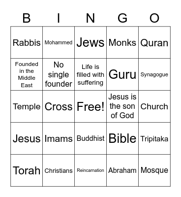 Religion Bingo Card
