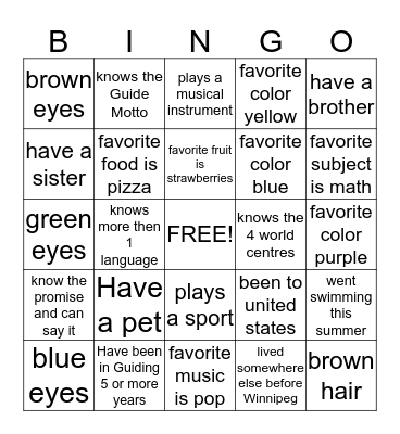 Girl Guides Bingo Card